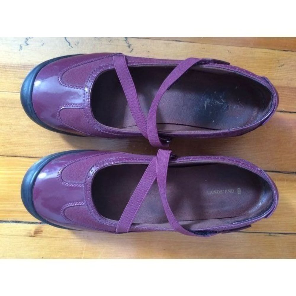 Lands End Mary Jane Shoes 10 D Purple Plum EUC Hook Loop Elastic Retro